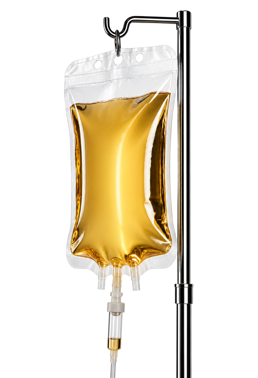 Energy & Chill IV bag with warm golden liquid and amber highlights