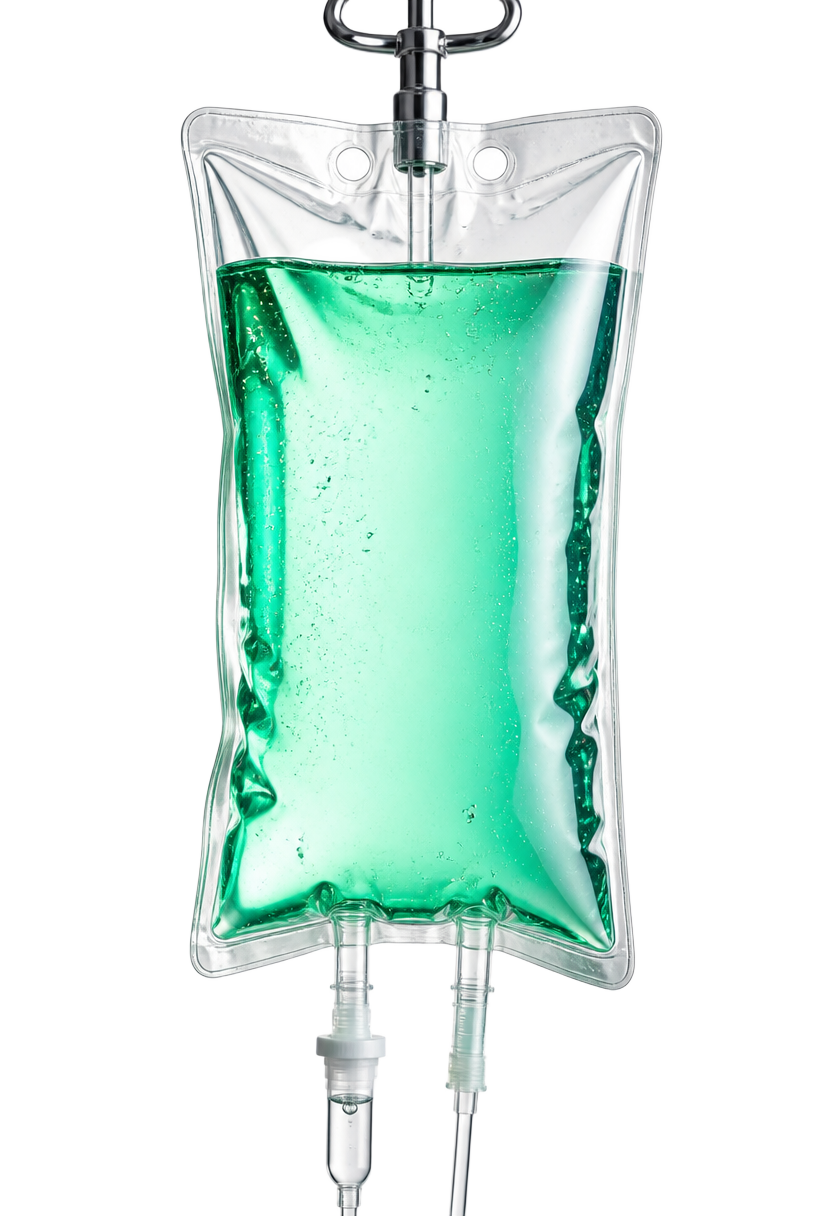 Immunity & Chill IV bag with crystal emerald-tinted liquid