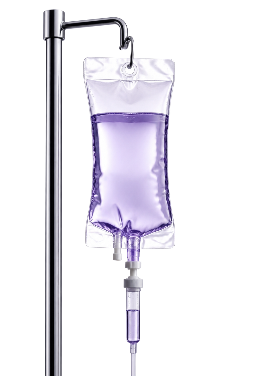 NAD+ & Chill IV bag with clear light-violet fluid and electric violet light